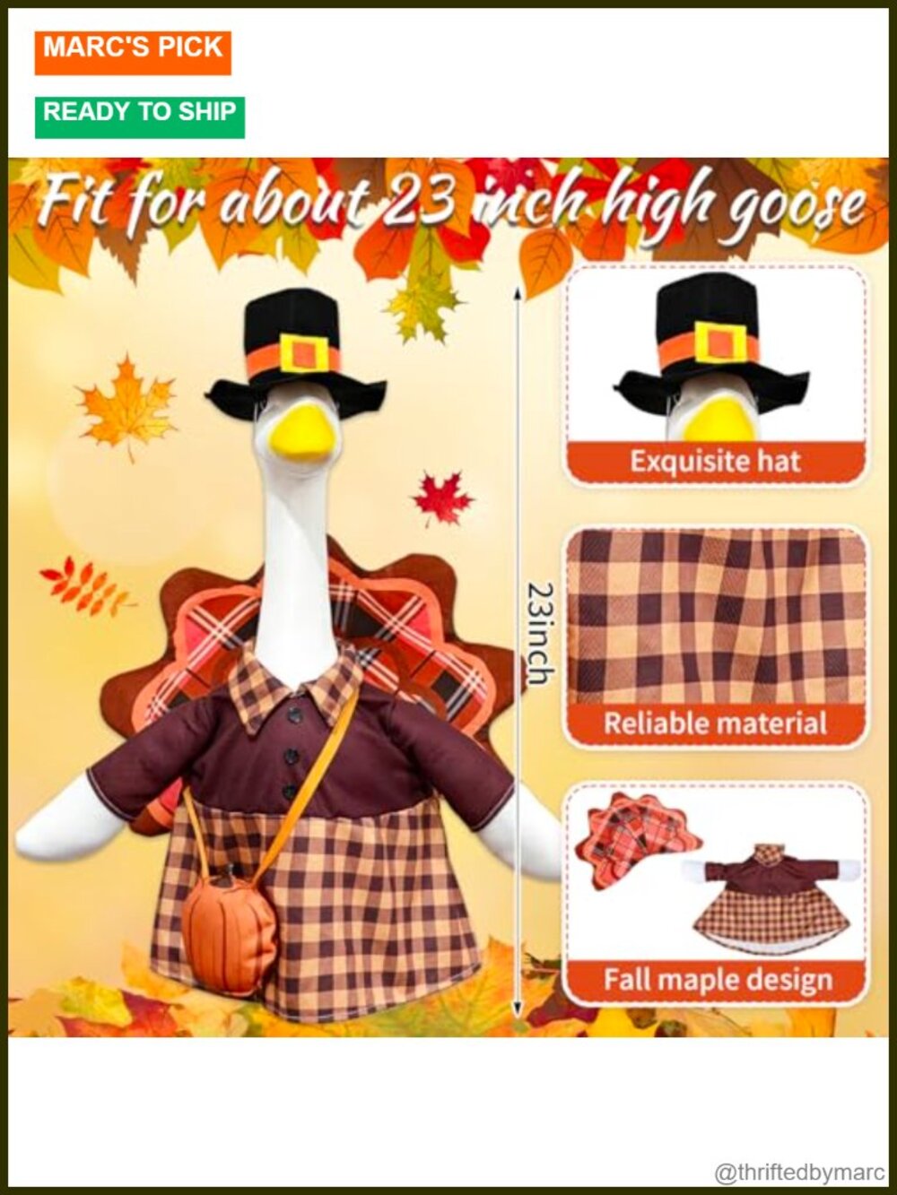 Turkey Porch Goose Outfits Fits 23 Inch Statue Fall Plaid Pumpkin Lawn Decor - Picture 2 of 6